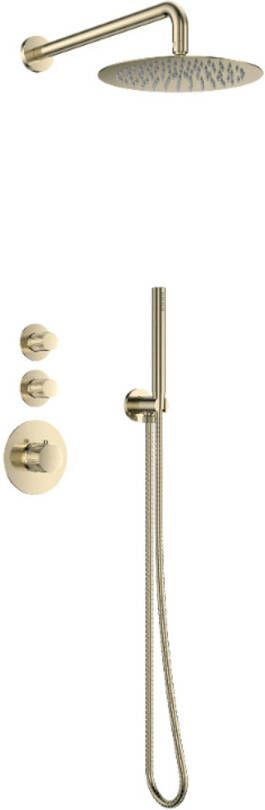 Sanilux Doucheset Inbouw Deluxe Giles Met Box Thermostaat Douchekop 25 cm Rond Geribbelde Knop Goud Geborsteld