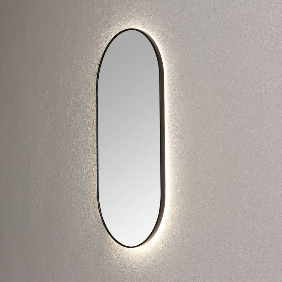 Sanilux Spiegel Ovaal Met Direct LED 3 Kleuren Instelbaar & Spiegelverwarming 90x45 cm Mat Zwart
