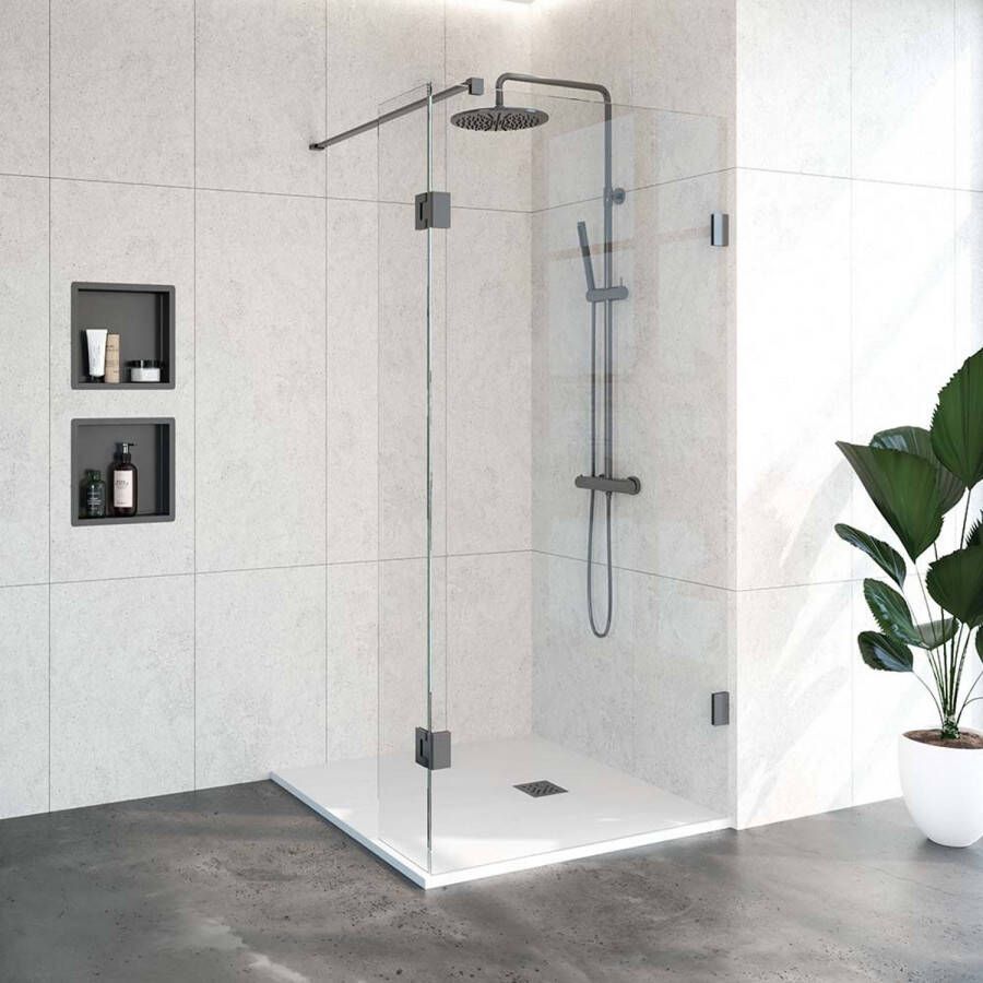 Saniclass Create inloopdouche 130x200cm profielloos met 30cm draaibare zijwand antikalk en 8mm veiligheidsglas geborsteld RVS 4JC3-130 30g