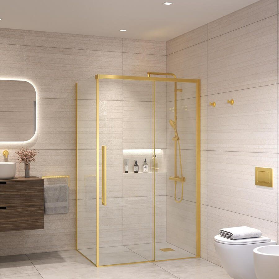 Sanivo Douchecabine Nova Soft Close Geborsteld Messing Goud Helder Glas (Alle Maten)
