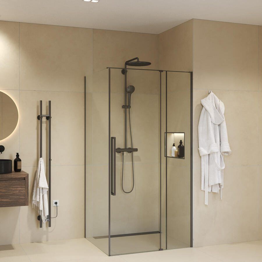 Sanivo Douchecabine Sena Met Vast Paneel Helder Glas Met Montagesets Gunmetal (Alle Maten)
