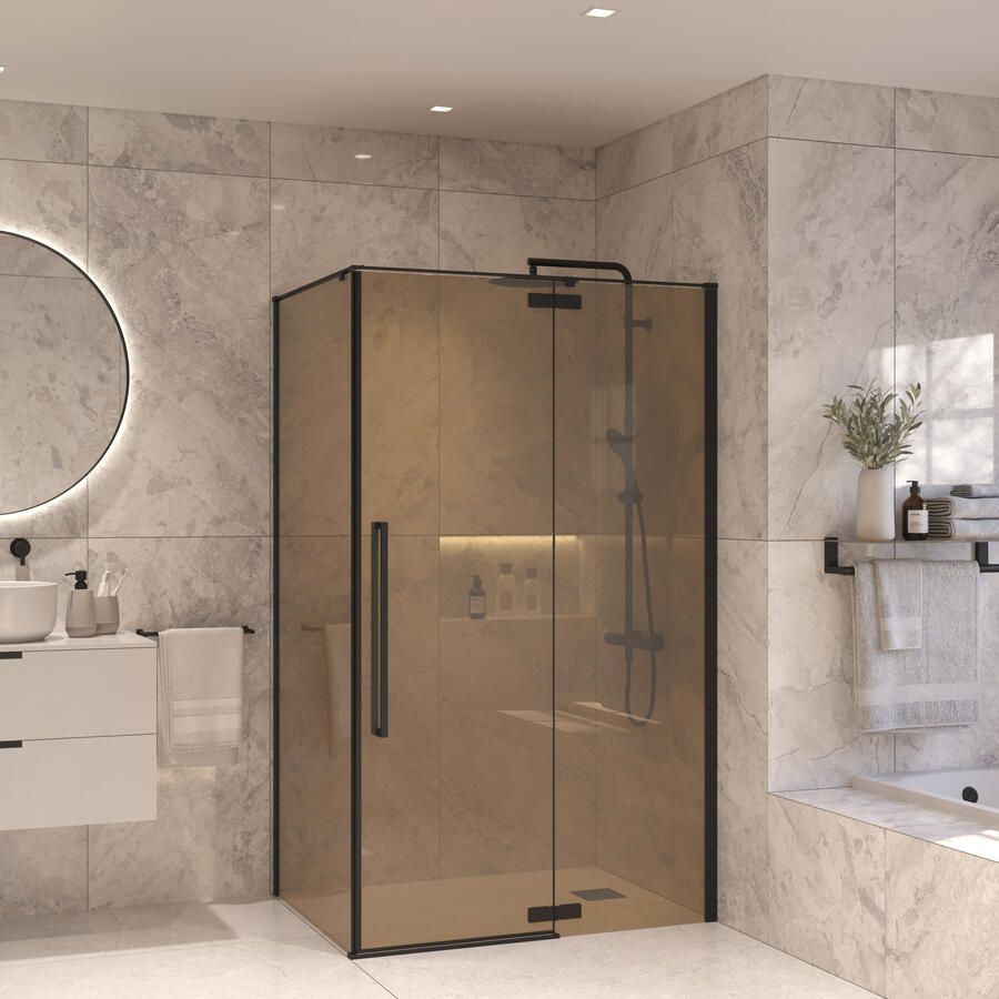 Sanivo Douchecabine Vigo Met Vast Paneel Champagne Glas Met Montagesets Mat Zwart - Foto 2