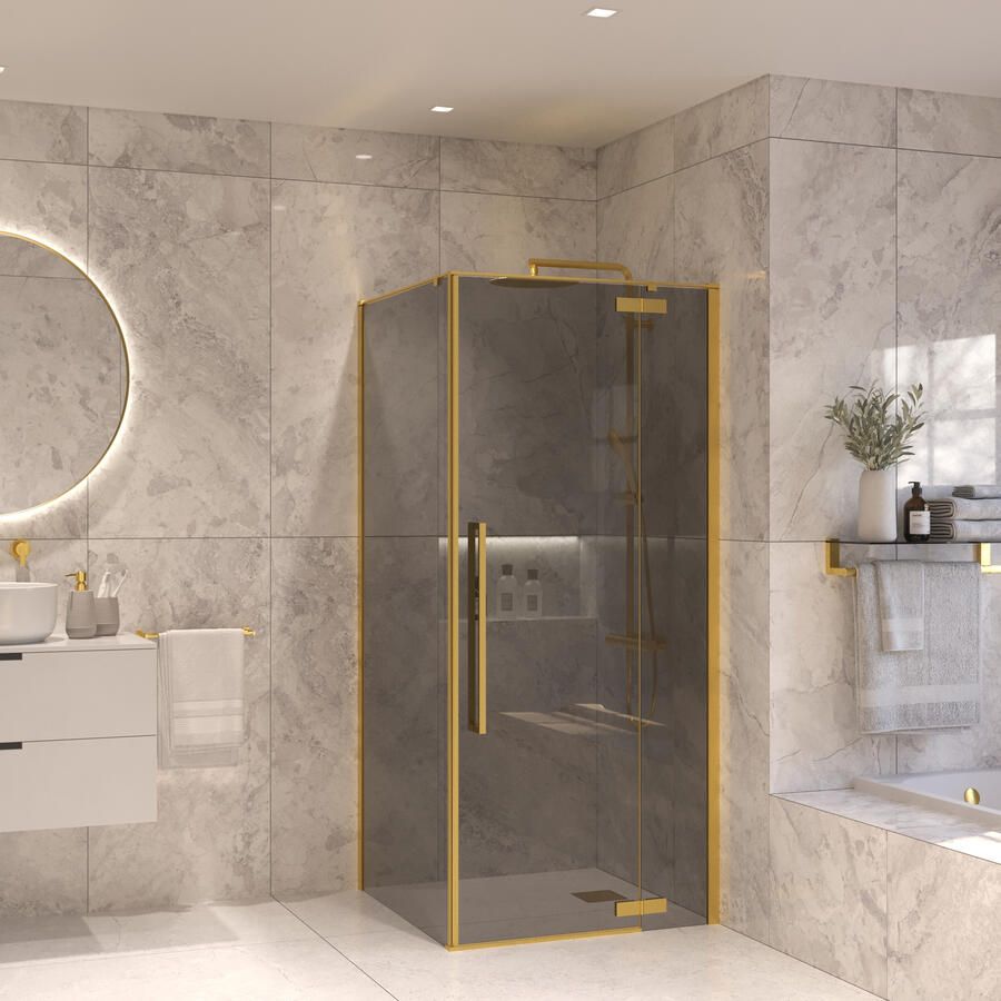 Sanivo Douchecabine Vigo Met Vast Paneel Rookglas Met Montagesets Geborsteld Messing Goud (Alle maten) - Foto 2