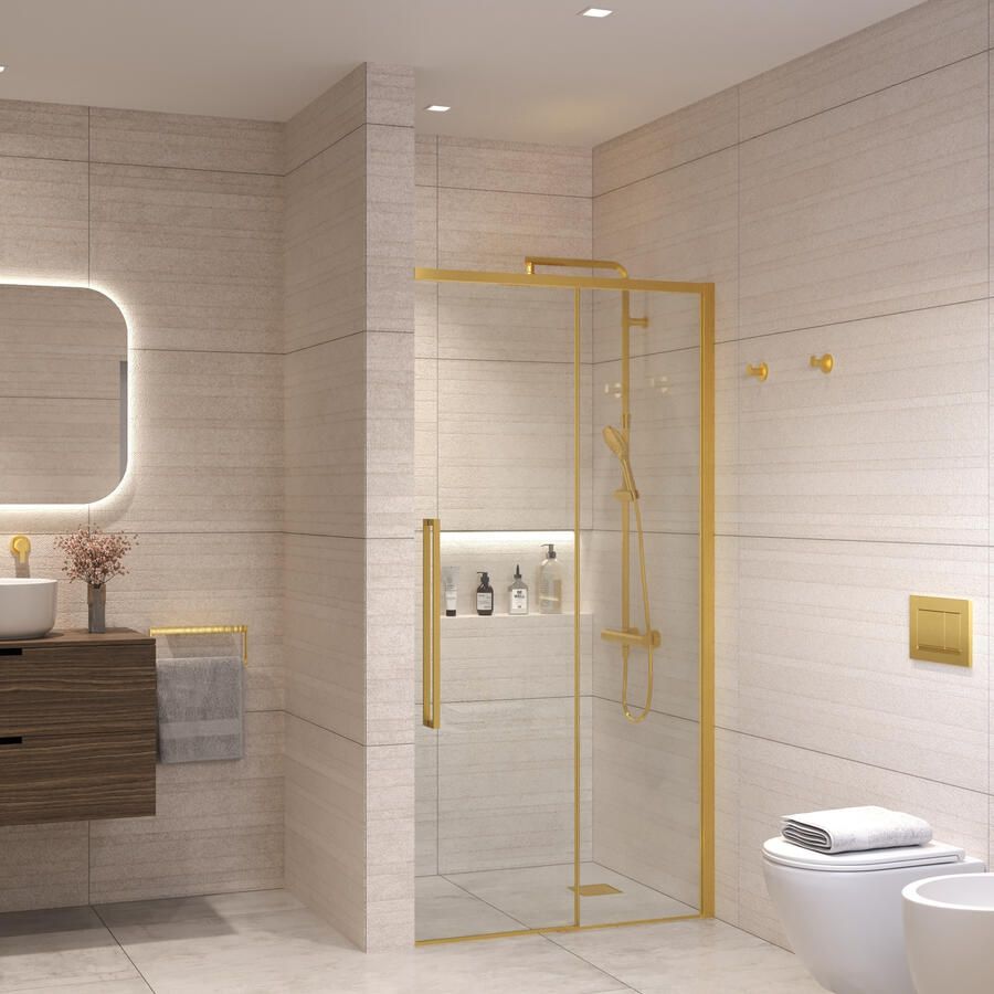 Sanivo Nisdeur Nova Soft Close 130x200 cm Geborsteld Messing Goud Helder Nano 8 mm