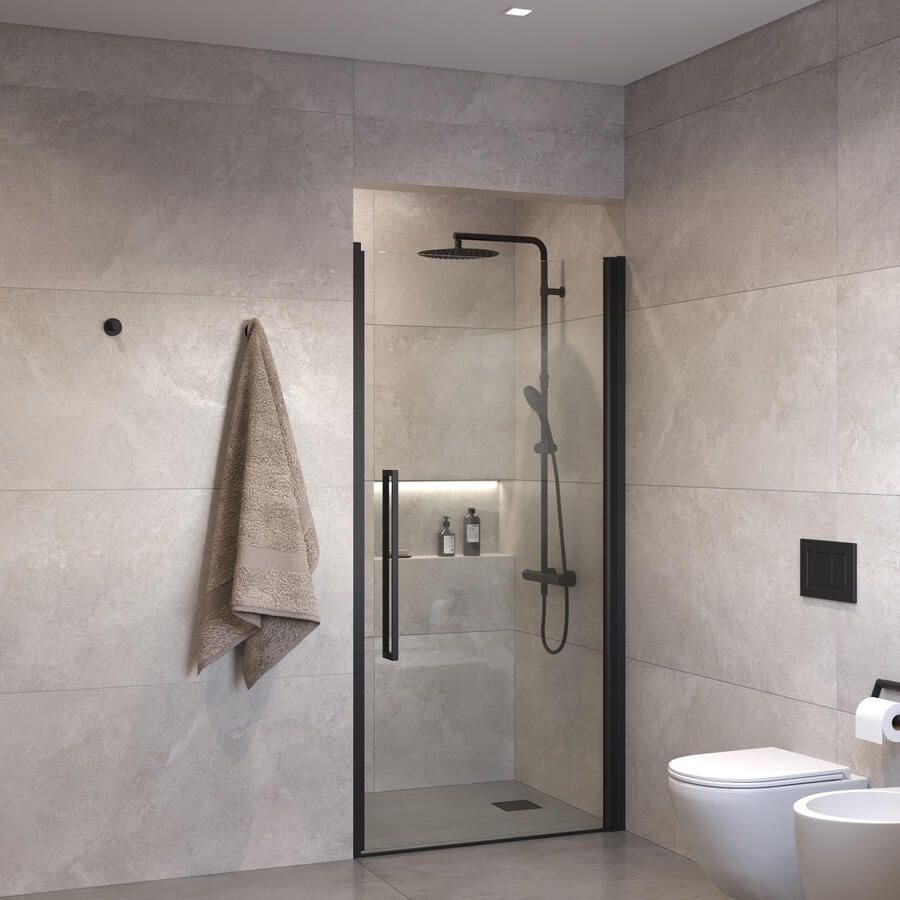 Sanivo Suno Nisdeur draaideur 100 cm Mat Zwart Helder Glas 8 mm Nano