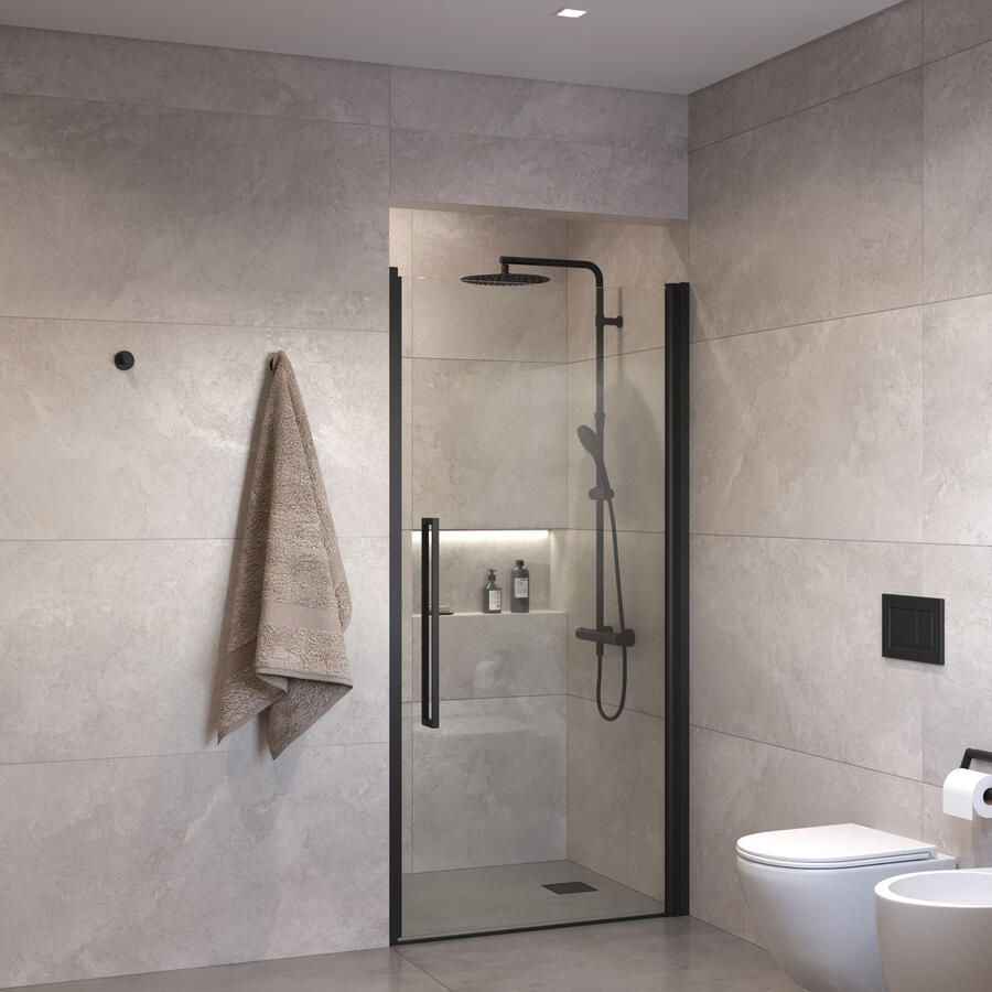 Sanivo Suno Nisdeur draaideur 70 cm Mat Zwart Helder Glas 8 mm Nano