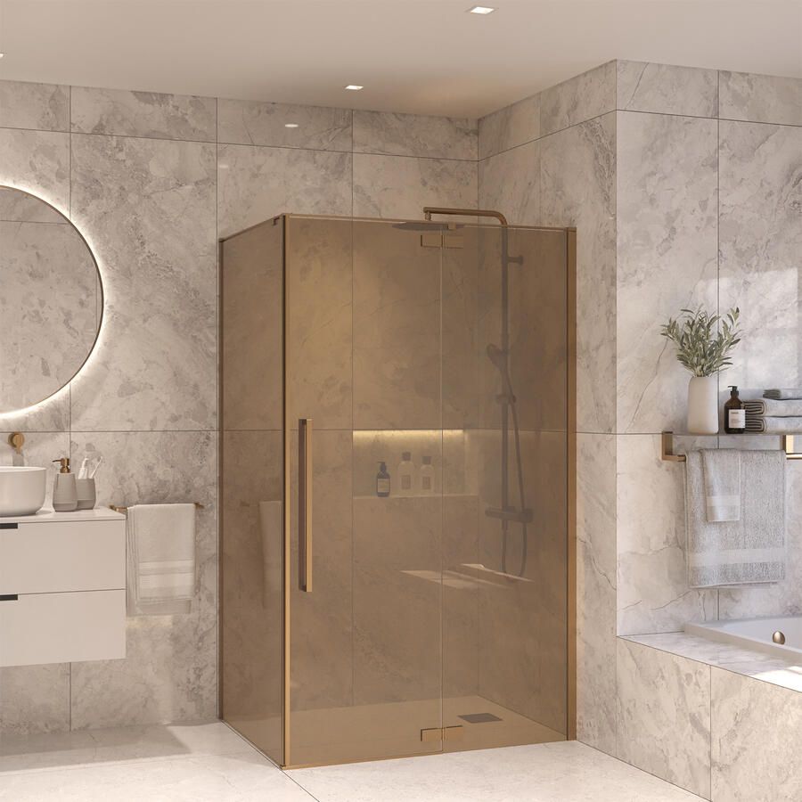 Sanivo Vigo Douchecabine Met Vast Paneel Champagne Glas Met Montagesets Tuscany Bronze (Alle Maten)