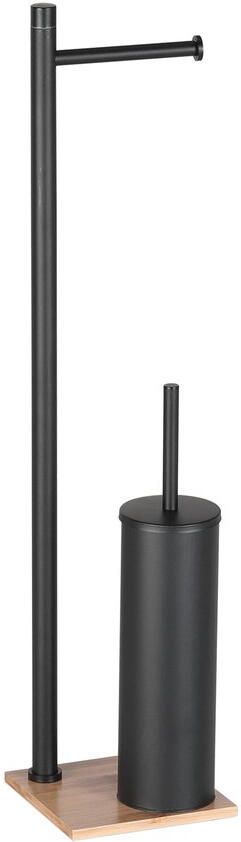 Sapho Vrijstaand Closetrol- en Borstelhouder Trilly Mat Zwart met Bamboe