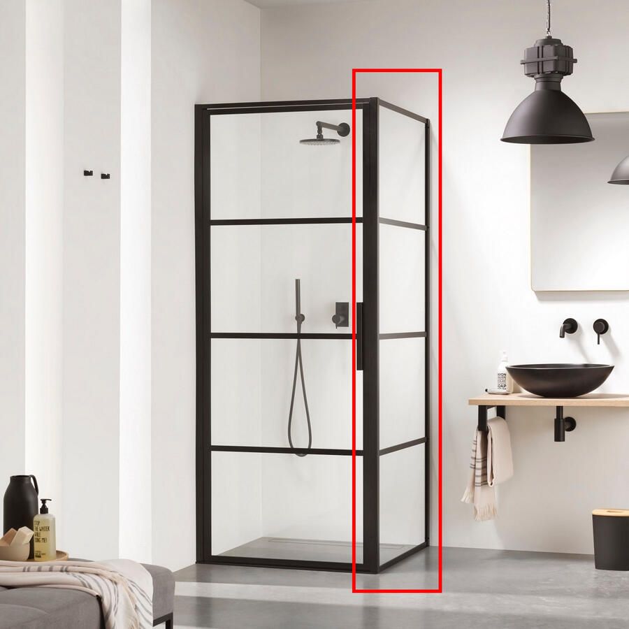 Sealskin Soho zijwand voor combinatie met een draai- en schuifdeur 90x210cm met zwart profiel en helder glas CKB010906195100
