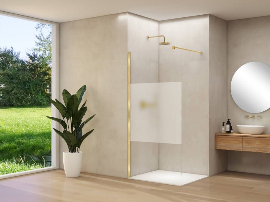 Van Rijn Inloopdouche Products ST01 100x200 cm 8 mm Helder Glas Met Satijnbaan Incl. Beslag met Muurprofiel en Stabilisatiestang Geborsteld Messing