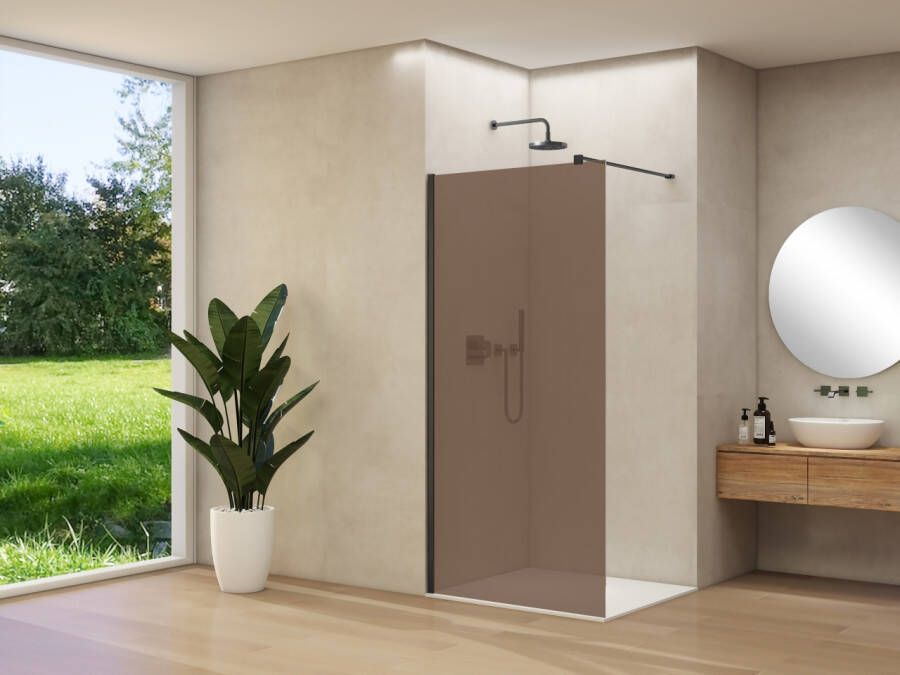 Van Rijn Inloopdouche Products ST01 100x200 cm 8 mm Brons Rookglas Incl. Beslag met Muurprofiel en Stabilisatiestang Mat Zwart