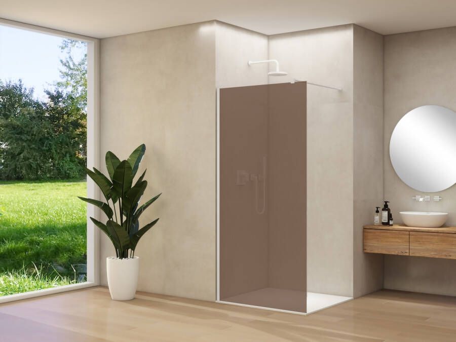 Van Rijn Inloopdouche Products ST01 100x200 cm 8 mm Brons Rookglas Incl. Beslag met Muurprofiel en Stabilisatiestang Mat Wit