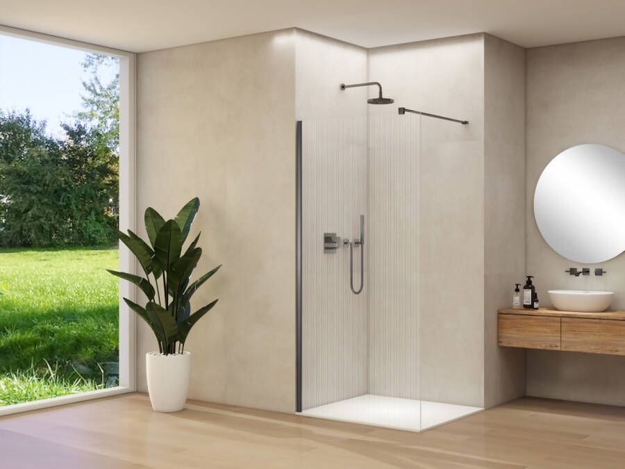 Van Rijn Inloopdouche Products ST01 100x200 cm 8 mm Helder Ribbel Glas Incl. Beslag met Muurprofiel en Stabilisatiestang Geborsteld Gunmetal