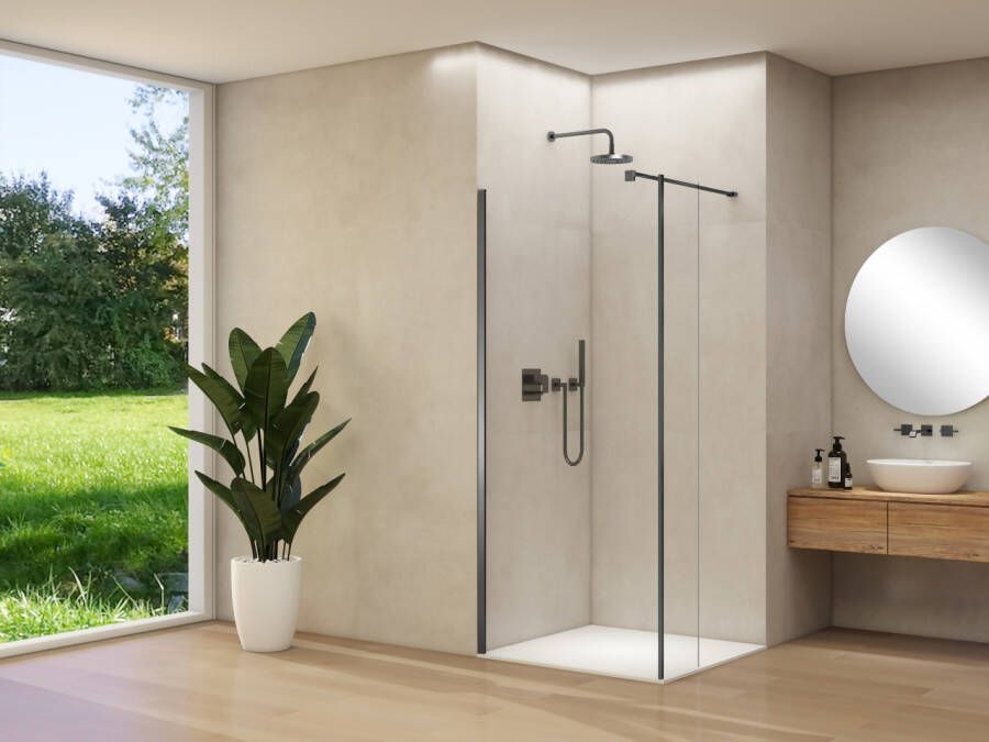 Van Rijn Inloopdouche Products ST01 Met Haaks Deel L&R 100x200 cm 8 mm Helder Glas Incl. Stabilisatiestang Mat Gunmetal