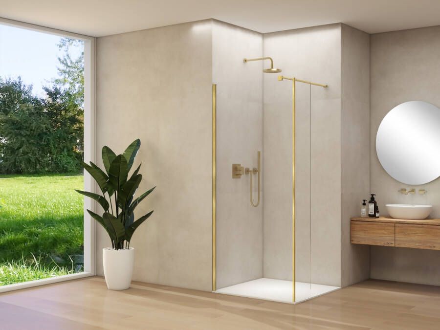 Van Rijn Inloopdouche Products ST01 Met Haaks Deel L&R 100x200 cm 8 mm Helder Glas Incl. Stabilisatiestang Geborsteld Messing