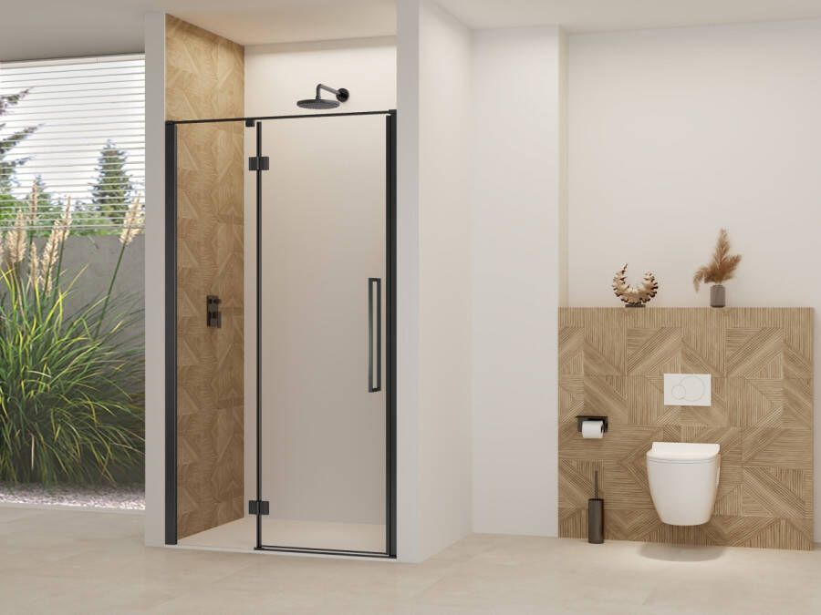 Van Rijn Nisdeur Products ST07 Aan Vast Deel 100x200 cm 8 mm Helder Glas Incl. Beslag Greep en Stabilisatiestang Mat Zwart