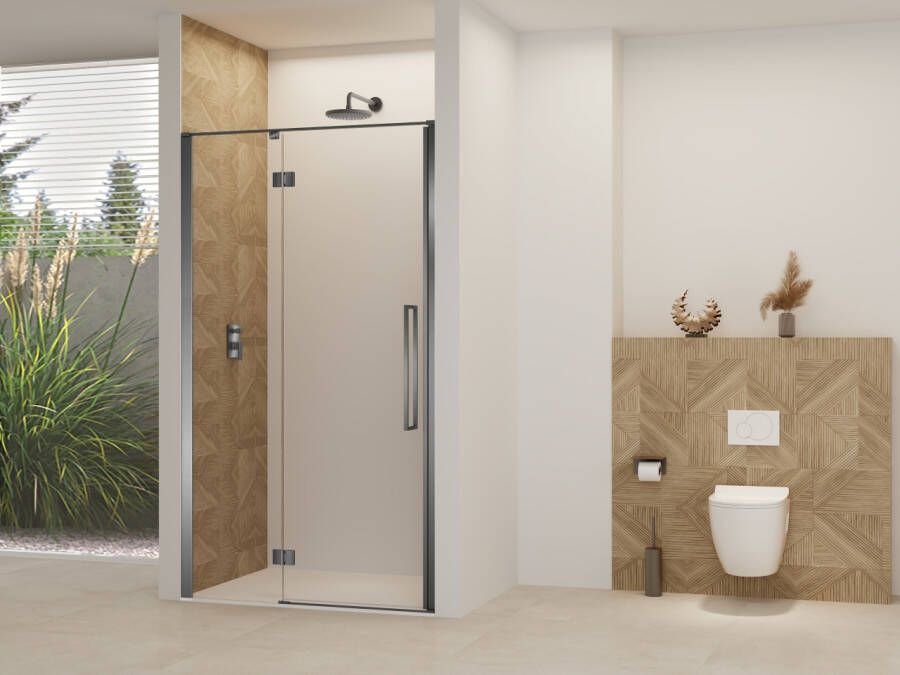Van Rijn Nisdeur Products ST07 Aan Vast Deel 100x200 cm 8 mm Helder Glas Incl. Beslag Greep en Stabilisatiestang Geborsteld Gunmetal