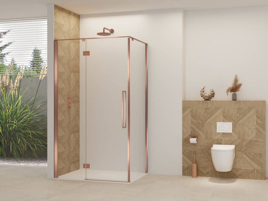 Van Rijn Nisdeur Products ST07 Voor Hoekcabine 100x200 cm 8 mm Helder Glas Incl. Beslag Greep en Stabilisatiestang Geborsteld Koper