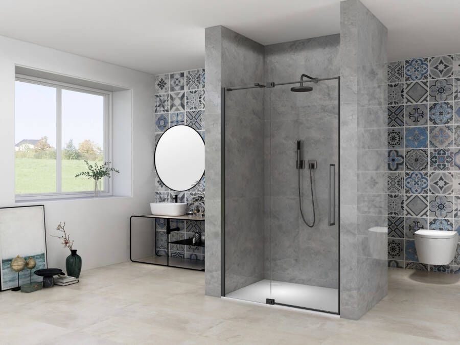 Van Rijn Nisdeur Products ST08 Draaideur 2-Delig 100x200 cm 8 mm Helder Glas Incl. Muurprofiel Greep en Stabilisatiestang Mat Zwart