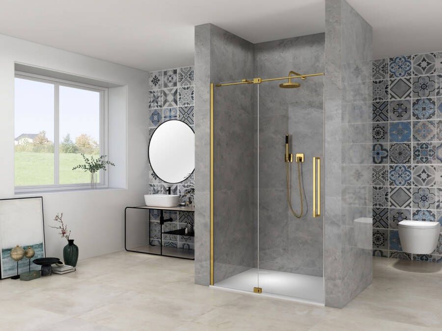 Van Rijn Nisdeur Products ST08 Draaideur 2-Delig 100x200 cm 8 mm Helder Glas Incl. Muurprofiel Greep en Stabilisatiestang Mat Messing