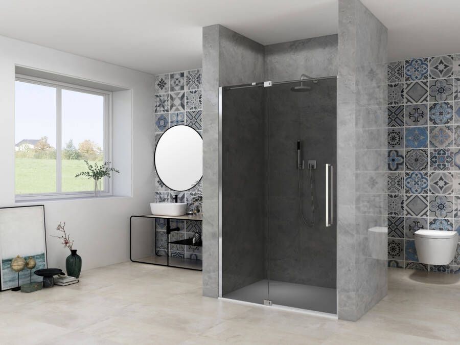 Van Rijn Nisdeur Products ST08 Draaideur 2-Delig 100x200 cm 8 mm Rookglas Incl. Muurprofiel Greep en Stabilisatiestang Chroom
