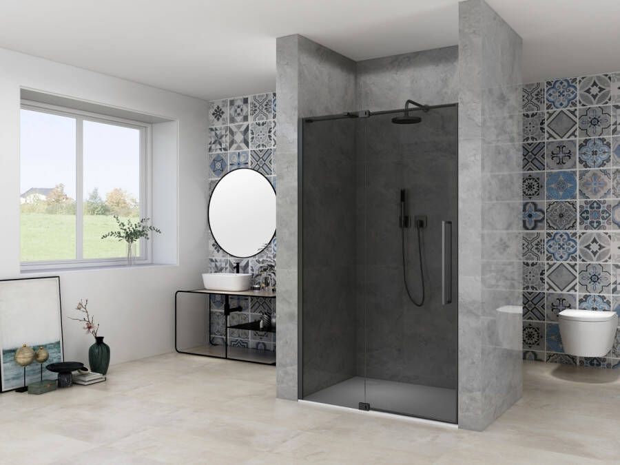 Van Rijn Nisdeur Products ST08 Draaideur 2-Delig 100x200 cm 8 mm Rookglas Incl. Muurprofiel Greep en Stabilisatiestang Mat Zwart