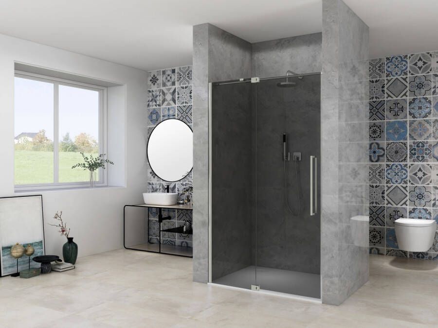 Van Rijn Nisdeur Products ST08 Draaideur 2-Delig 100x200 cm 8 mm Rookglas Incl. Muurprofiel Greep en Stabilisatiestang RVS