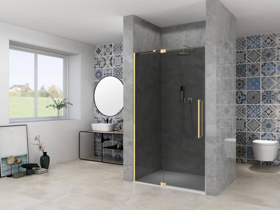 Van Rijn Nisdeur Products ST08 Draaideur 2-Delig 100x200 cm 8 mm Rookglas Incl. Muurprofiel Greep en Stabilisatiestang Mat Messing
