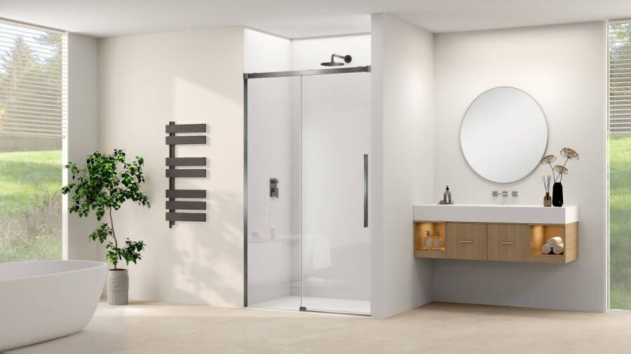 Van Rijn Schuifdeur Products ST09 Aan Vast Deel 120x200 cm 8 mm Helder Glas Softclose Incl. Beslag en Greep Geborsteld Gunmetal
