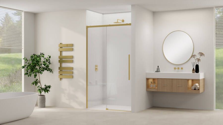 Van Rijn Schuifdeur Products ST09 Aan Vast Deel 120x200 cm 8 mm Helder Glas Softclose Incl. Beslag en Greep Geborsteld Messing
