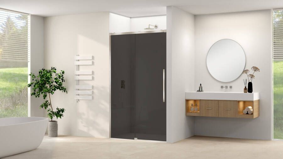 Van Rijn Schuifdeur Products ST09 Aan Vast Deel 120x200 cm 8 mm Rookglas Softclose Incl. Beslag Geborsteld RVS