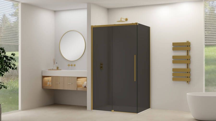 Van Rijn Schuifdeur Products ST09 Voor Hoekcabine 120x200 cm 8 mm Rookglas Softclose Incl. Beslag en Greep Geborsteld Messing