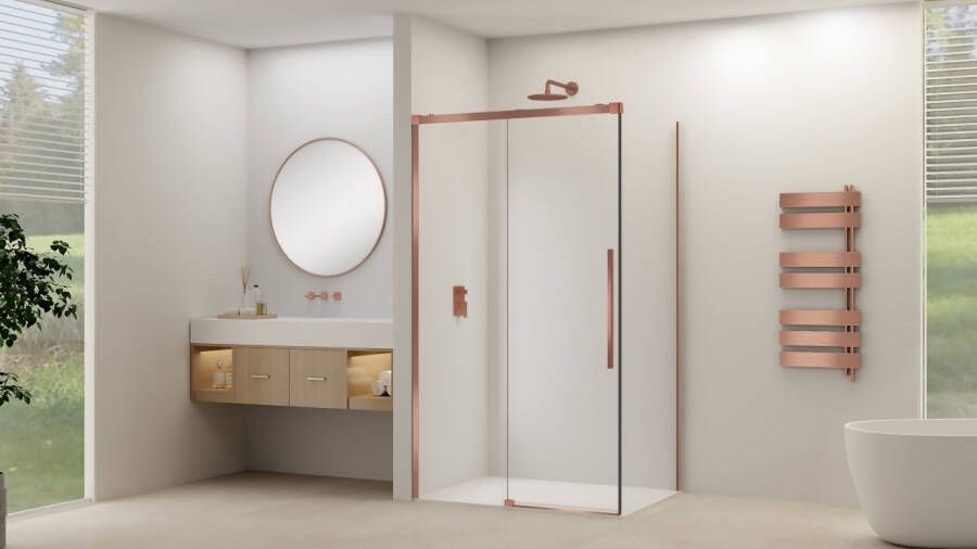 Van Rijn Schuifdeur Products ST09 Voor Hoekcabine 160x200 cm 8 mm Helder Glas Softclose Incl. Beslag Geborsteld Koper