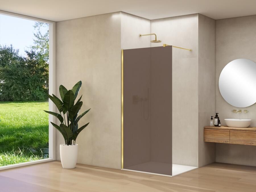 Van Rijn Inloopdouche Products ST01 100x200 cm 8 mm Brons Rookglas Incl. Beslag met Muurprofiel en Stabilisatiestang Geborsteld Messing