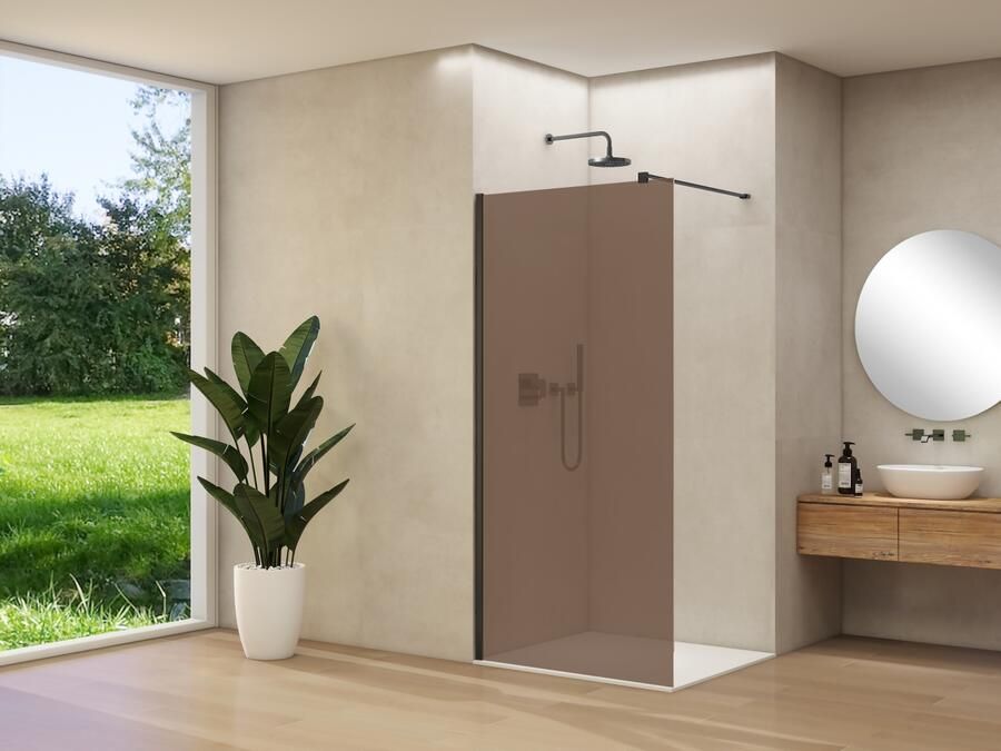 Van Rijn Inloopdouche Products ST01 100x200 cm 8 mm Brons Rookglas Incl. Beslag met Muurprofiel en Stabilisatiestang Mat Zwart
