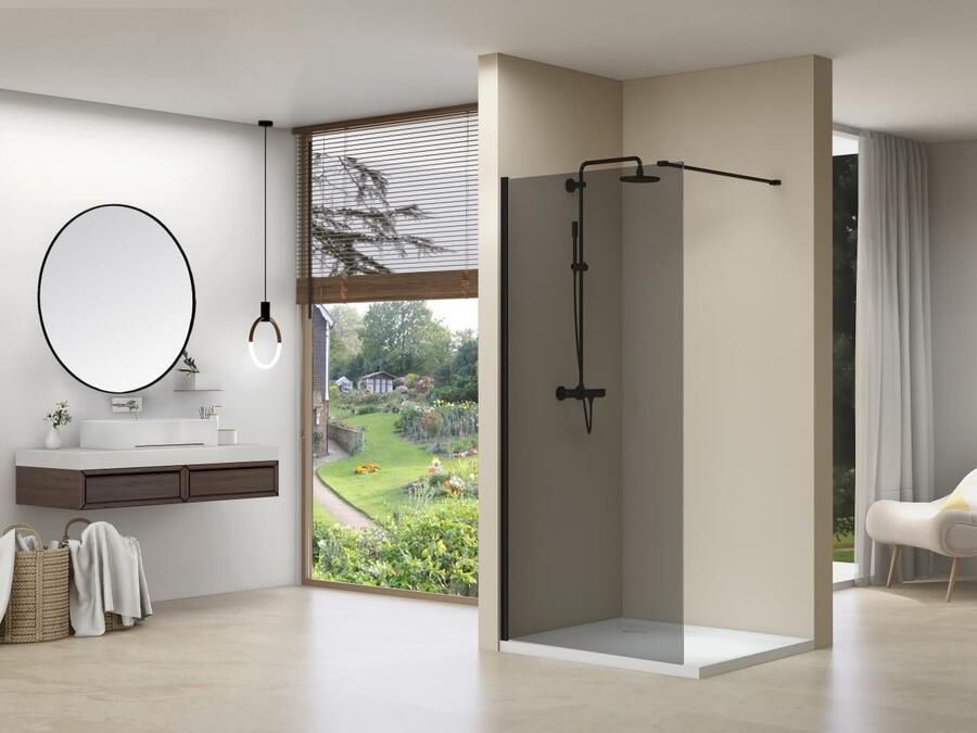 Van Rijn Inloopdouche Products ST01 100x200 cm 8 mm Brons Rookglas Incl. Beslag met Muurprofiel en Stabilisatiestang Geborsteld Gunmetal