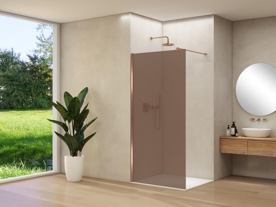 Van Rijn Inloopdouche Products ST01 100x200 cm 8 mm Brons Rookglas Incl. Beslag met Muurprofiel en Stabilisatiestang Geborsteld Koper