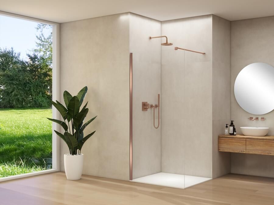 Van Rijn Inloopdouche Products ST01 100x200 cm 8 mm Helder Glas Incl. Beslag met Muurprofiel en Stabilisatiestang Geborsteld Koper