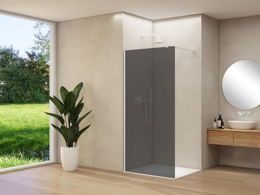 Van Rijn Inloopdouche Products ST01 100x200 cm 8 mm Rookglas Incl. Beslag met Muurprofiel en Stabilisatiestang Mat Wit