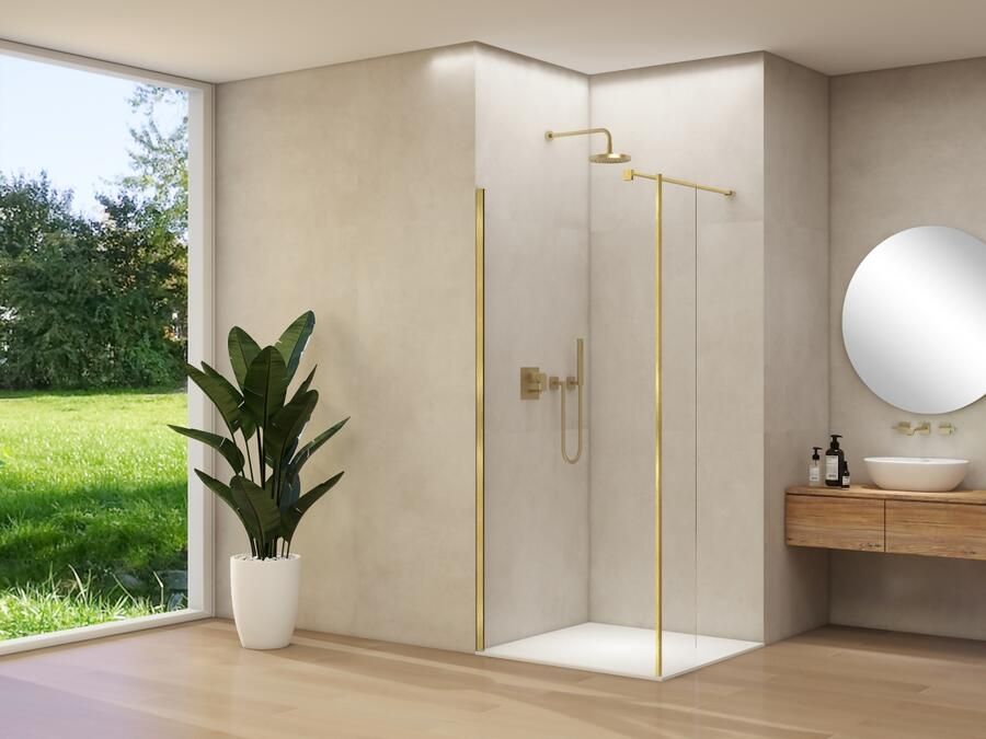 Van Rijn Inloopdouche Products ST01 Met Haaks Deel L&R 100x200 cm 8 mm Helder Glas Incl. Stabilisatiestang Geborsteld Messing