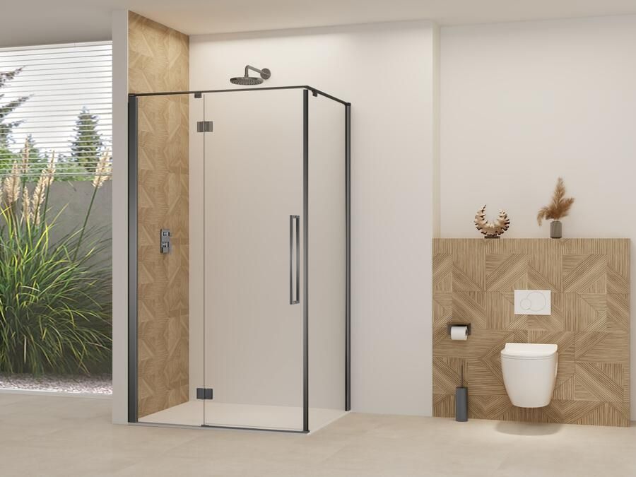 Van Rijn Nisdeur Products ST07 Voor Hoekcabine 100x200 cm 8 mm Helder Glas Incl. Beslag Greep en Stabilisatiestang Geborsteld Gunmetal