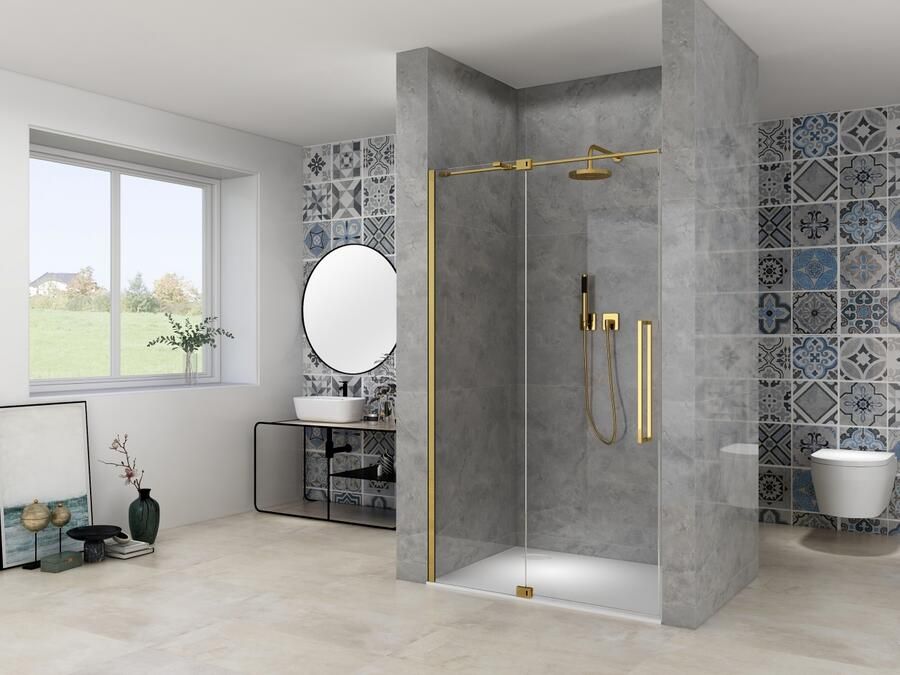 Van Rijn Nisdeur Products ST08 Draaideur 2-Delig 100x200 cm 8 mm Helder Glas Incl. Muurprofiel Greep en Stabilisatiestang Mat Messing