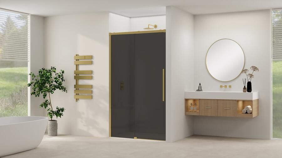 Van Rijn Schuifdeur Products ST09 Aan Vast Deel 140x200 cm 8 mm Rookglas Softclose Incl. Beslag Geborsteld Messing