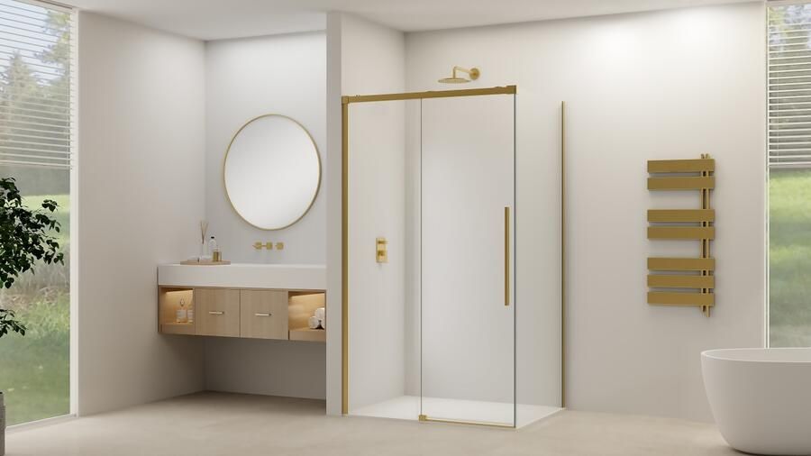 Van Rijn Schuifdeur Products ST09 Voor Hoekcabine 120x200 cm 8 mm Helder Glas Softclose Incl. Beslag Geborsteld Messing