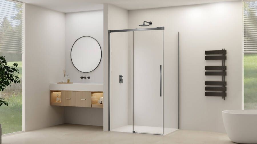 Van Rijn Schuifdeur Products ST09 Voor Hoekcabine 120x200 cm 8 mm Helder Glas Softclose Incl. Beslag Geborsteld Gunmetal