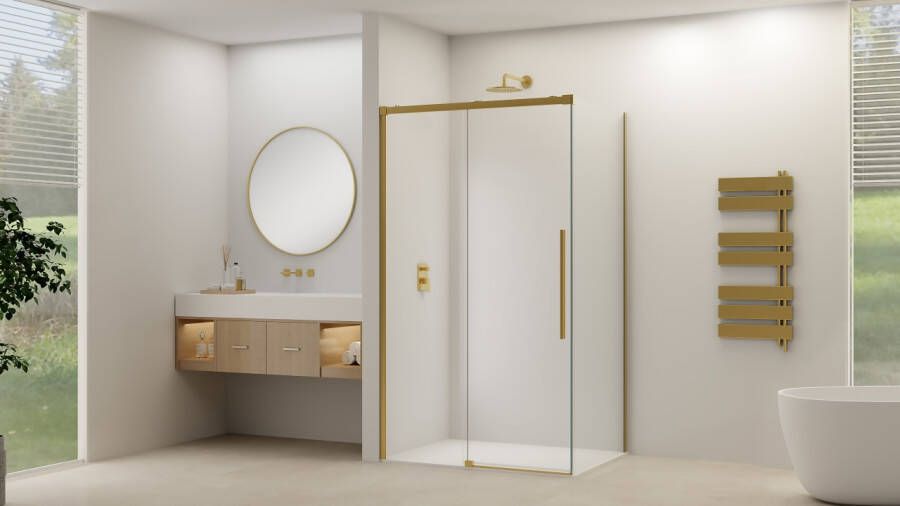 Van Rijn Schuifdeur Products ST09 Voor Hoekcabine 120x200 cm 8 mm Helder Glas Softclose Incl. Beslag Geborsteld Messing