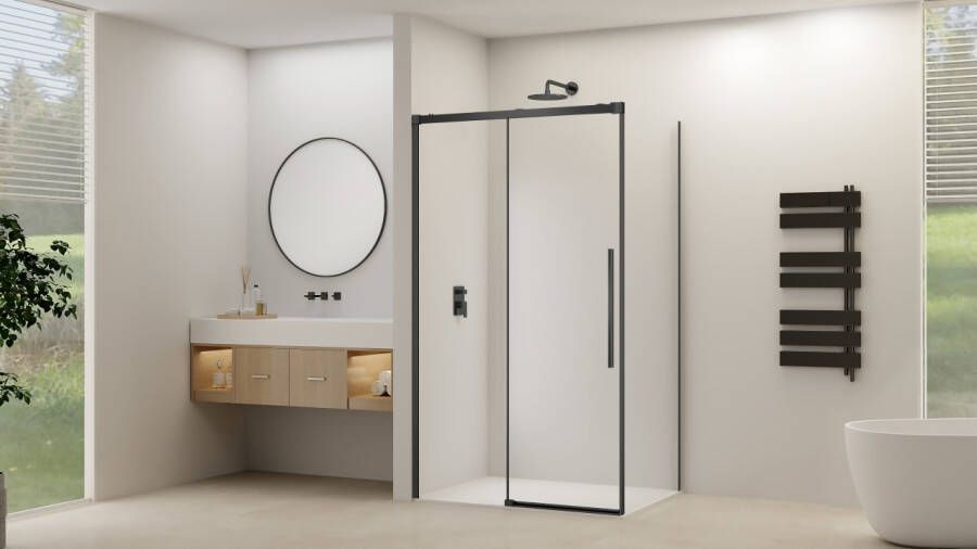 Van Rijn Schuifdeur Products ST09 Voor Hoekcabine 120x200 cm 8 mm Helder Glas Softclose Incl. Beslag Mat Zwart