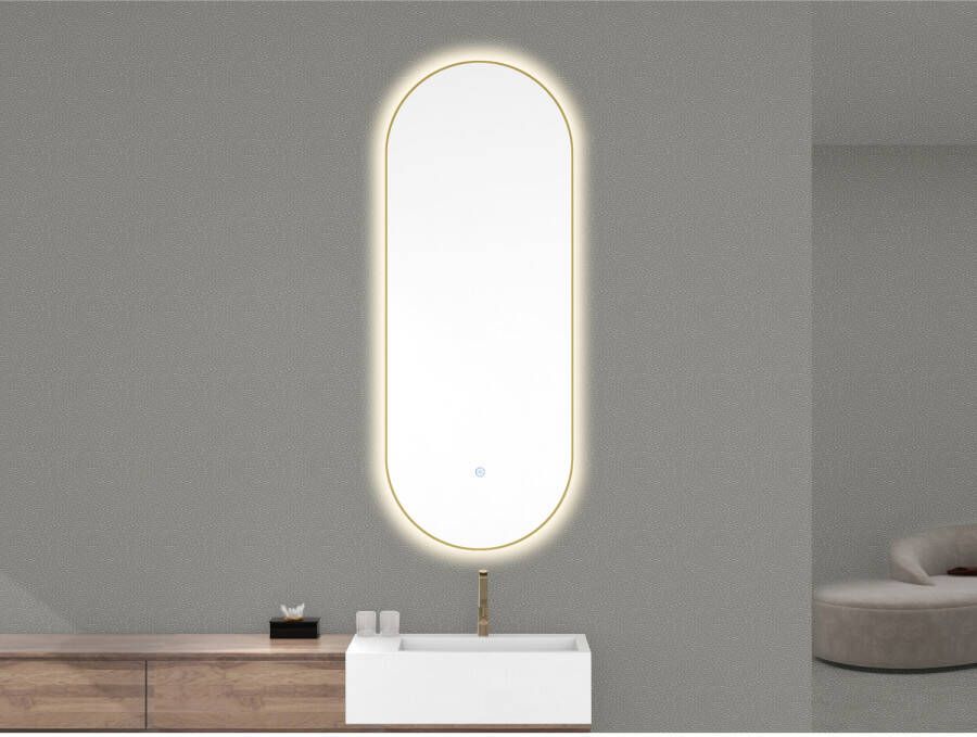 Wiesbaden Nomi ovale spiegel met lijst dimbare LED-verlichting en spiegelverwarming 50 x 100 cm geborsteld messing