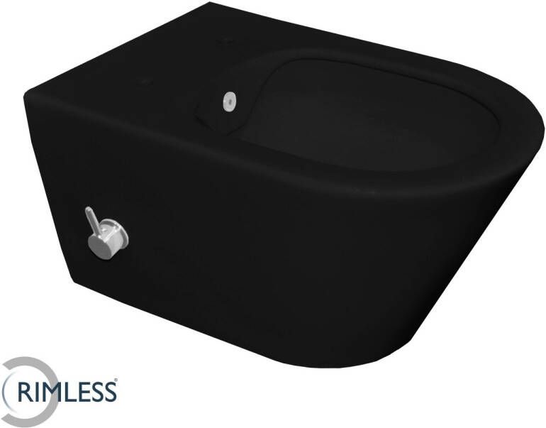 Wiesbaden Luxe Rimless hangend toilet met ingebouwde bidetkraan met koud water 40 x 35 5 x 53 cm mat zwart