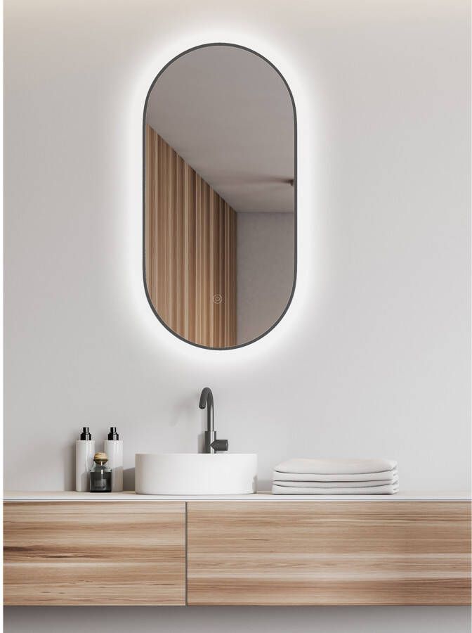 Wiesbaden Spiegel Nomi Ovaal Met LED en Spiegelverwarming 50x100 cm Gunmetal